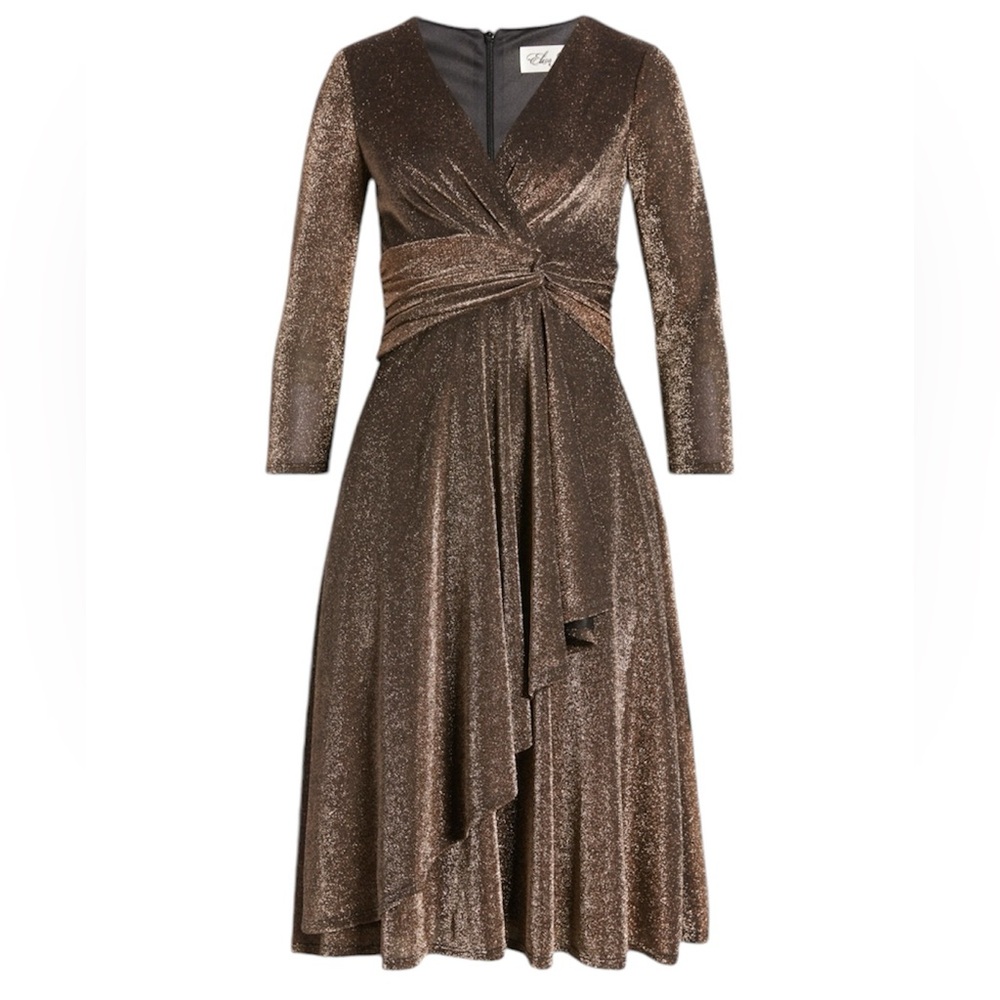 Eliza J Bronze Metallic Faux Wrap Dress - Picture 1 of 15
